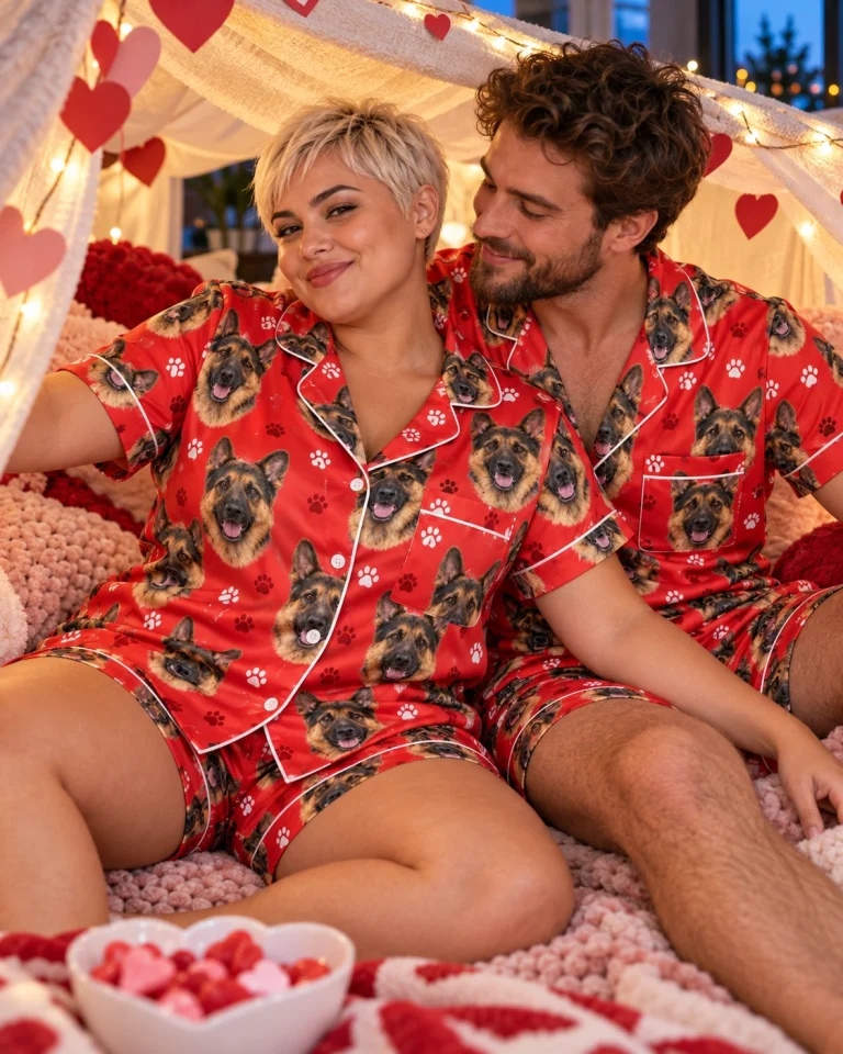 Woman and her partner in matching German shepherd Valentines day pajama set — MyDogPics