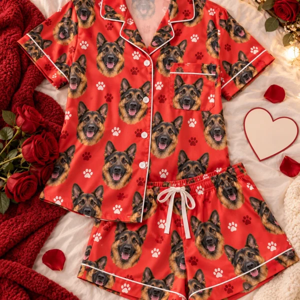 Flat lay of a German shepherd Valentines day pajama set — MyDogPics