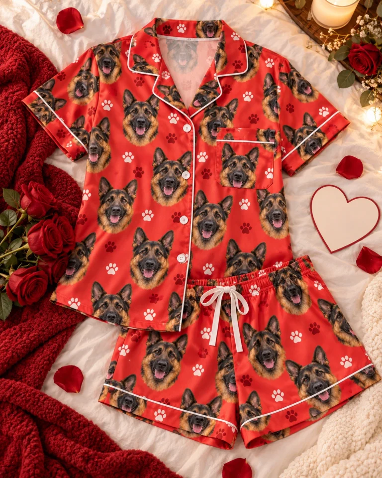 Flat lay of a German shepherd Valentines day pajama set — MyDogPics