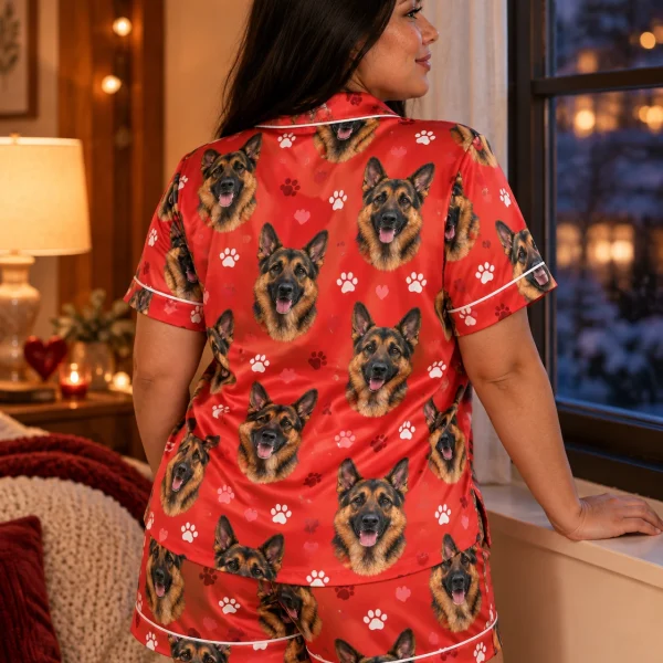 Woman posing in a German shepherd Valentines day pajama set with black-and-tan German Shepherd faces — MyDogPics