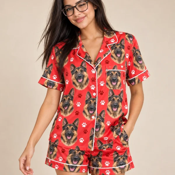 Woman posing in a German shepherd Valentines day pajama set with black-and-tan German Shepherd faces — MyDogPics