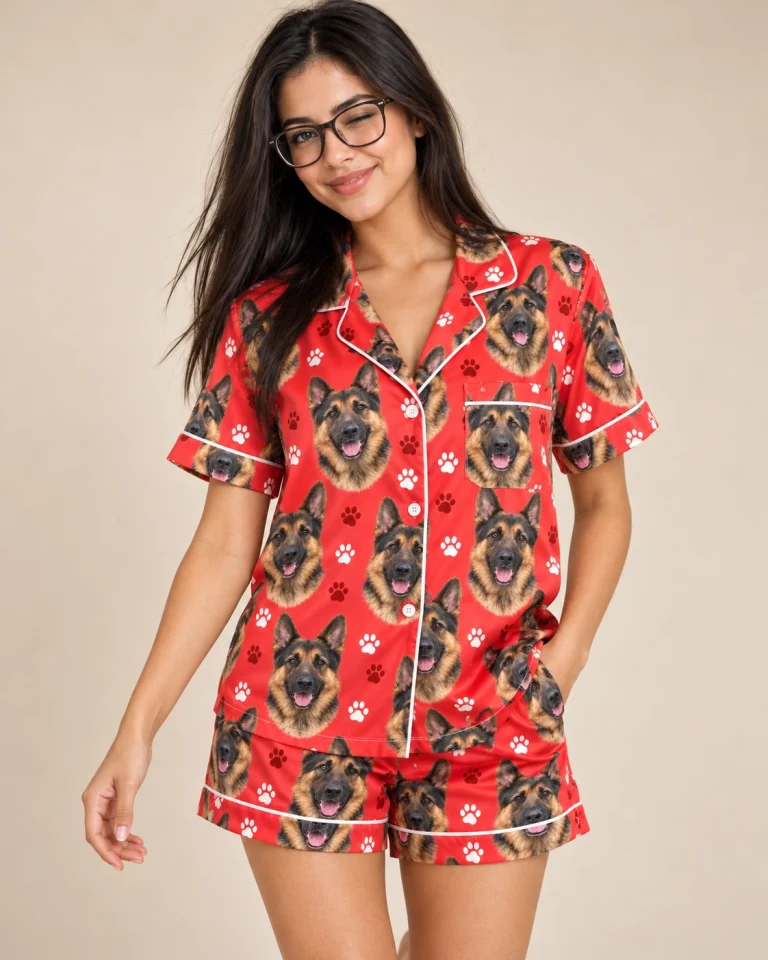 Woman posing in a German shepherd Valentines day pajama set with black-and-tan German Shepherd faces — MyDogPics