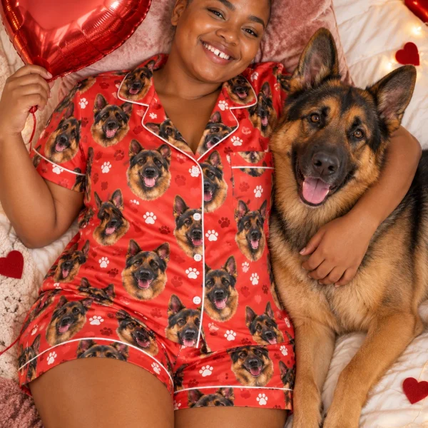 Woman in a German shepherd Valentines day pajama set with her German Shepherd — MyDogPics