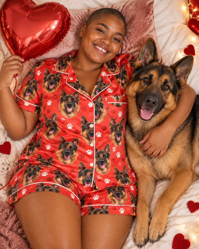 Woman in a German shepherd Valentines day pajama set with her German Shepherd — MyDogPics