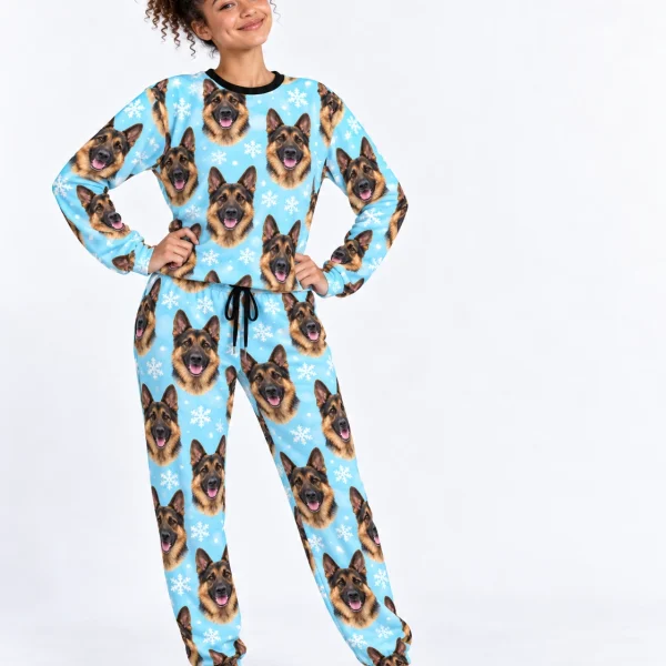 Woman wearing German shepherd winter pajamas covered in black-and-tan German Shepherd faces — MyDogPics