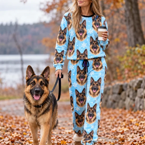 Woman in German shepherd winter pajamas with her German Shepherd — MyDogPics