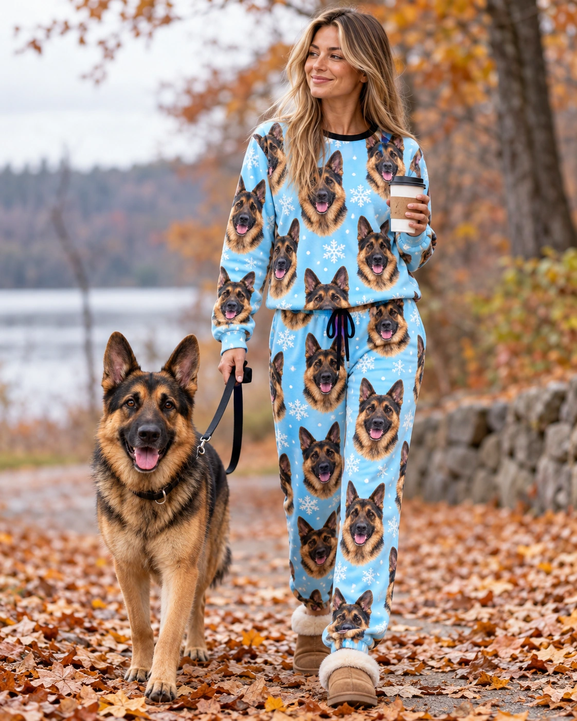 German Shepherd Winter Pajamas – With Dog, Light Blue Snowflake | MyDogPics Woman in German shepherd winter pajamas with her German Shepherd — MyDogPics
