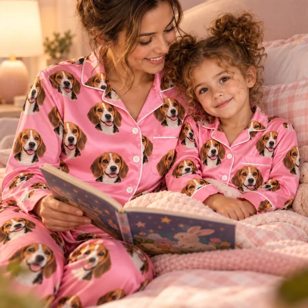Girl and her mom in matching girls beagle pajamas with tricolor Beagle (black, tan and white) faces on pink satin — MyDogPics