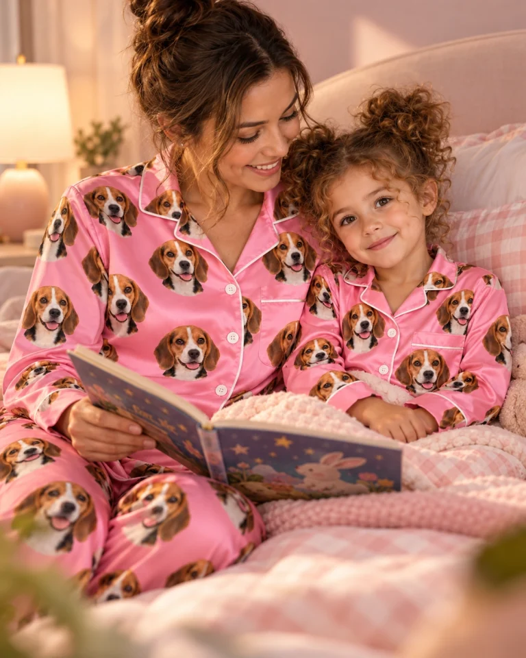Girl and her mom in matching girls beagle pajamas with tricolor Beagle (black, tan and white) faces on pink satin — MyDogPics