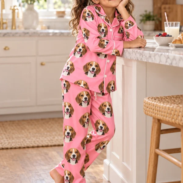 Girl posing in girls beagle pajamas, tricolor Beagle (black, tan and white) faces on pink satin — MyDogPics