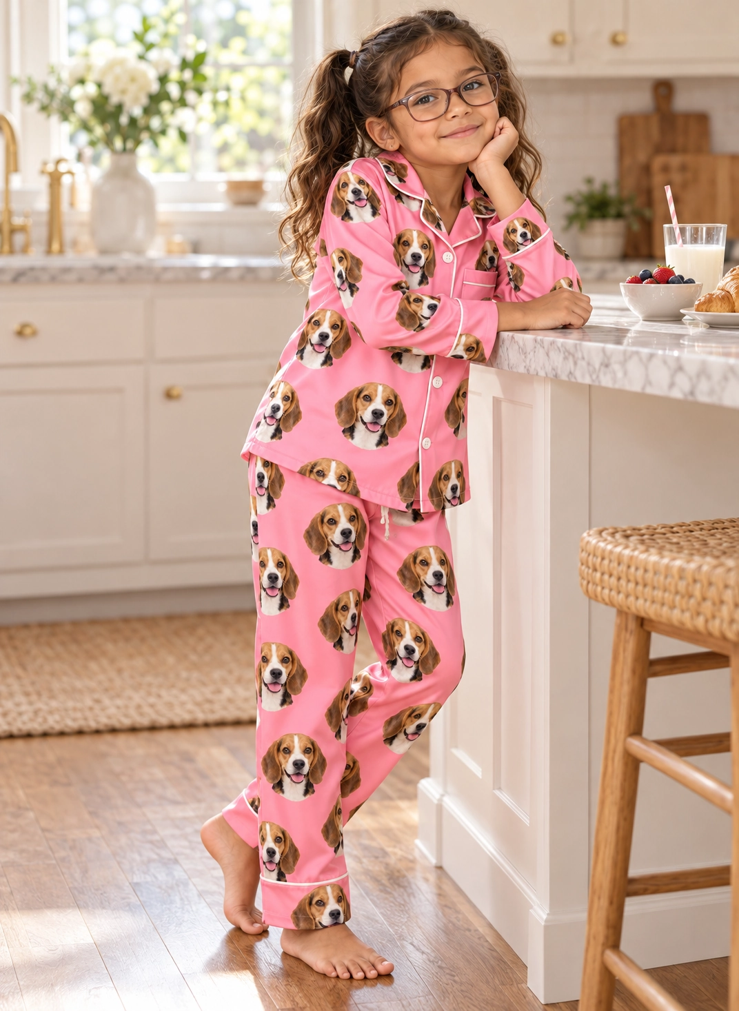 Girls Beagle Pajamas – Pose, Pink | MyDogPics Girl posing in girls beagle pajamas, tricolor Beagle (black, tan and white) faces on pink satin — MyDogPics