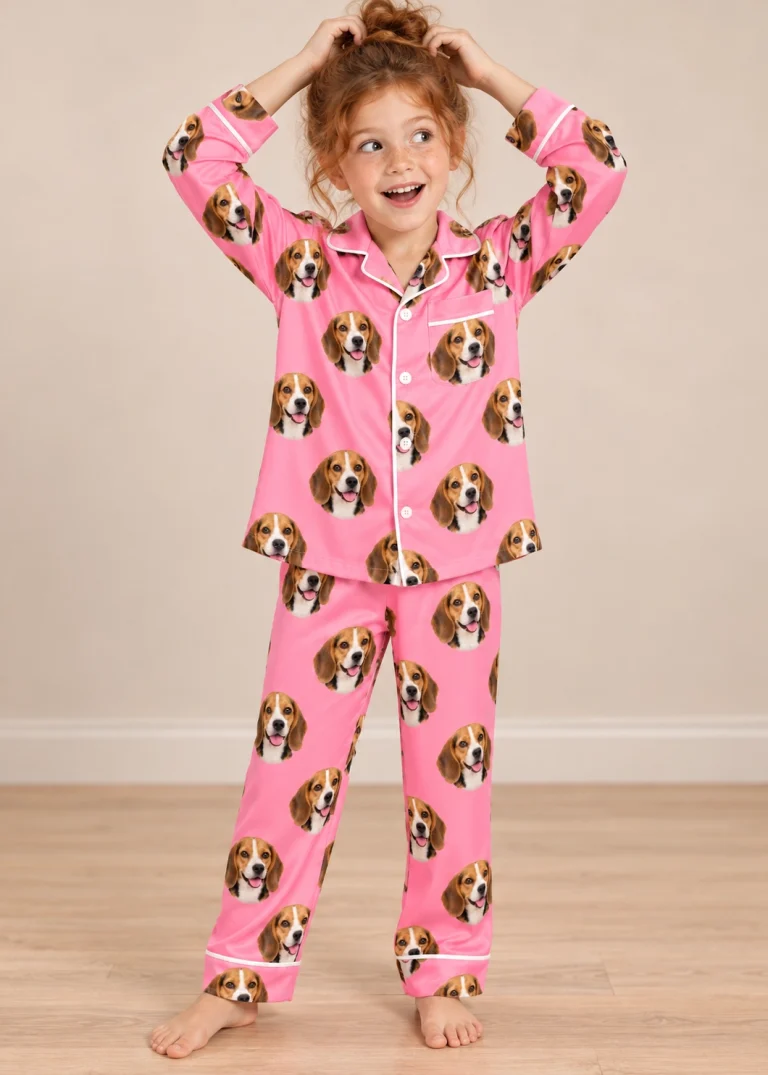 Girl posing in girls beagle pajamas, tricolor Beagle (black, tan and white) faces on pink satin — MyDogPics