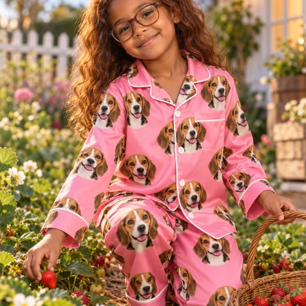 Girl sitting in girls beagle pajamas covered in tricolor Beagle (black, tan and white) faces — MyDogPics