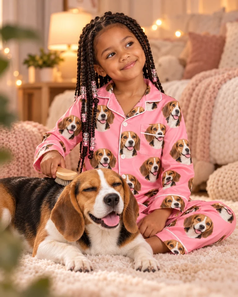 Girl in girls beagle pajamas with her Beagle — MyDogPics