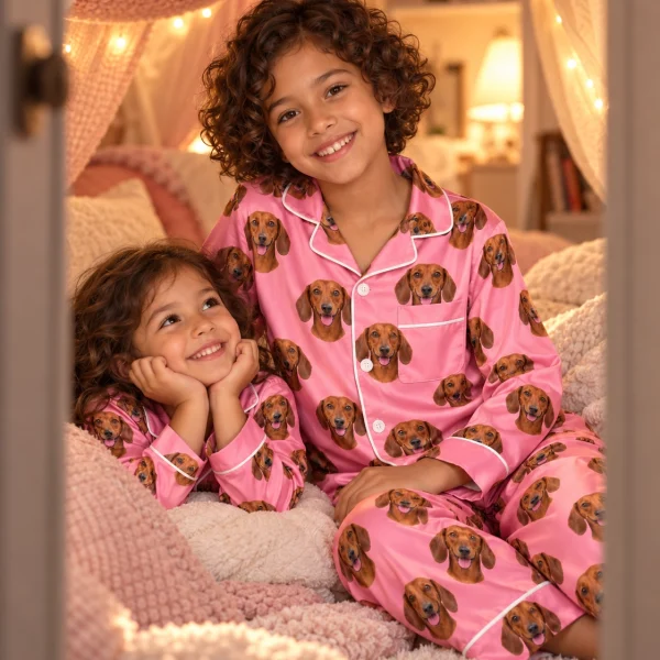 Two kids in girls dachshund pajamas with red smooth-coated Dachshund faces on pink satin — MyDogPics