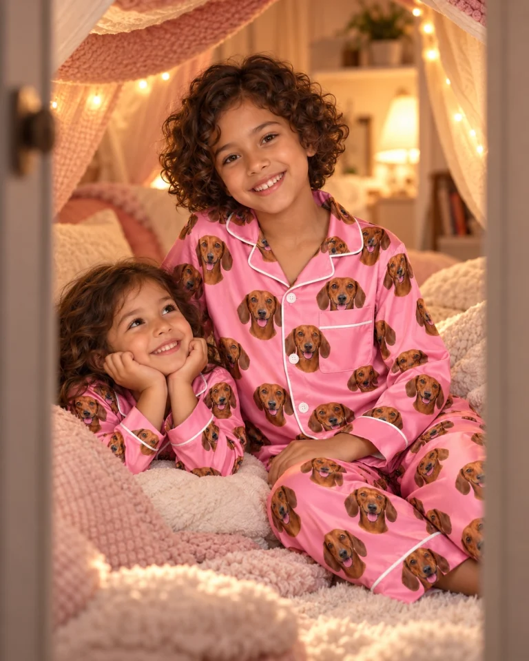 Two kids in girls dachshund pajamas with red smooth-coated Dachshund faces on pink satin — MyDogPics
