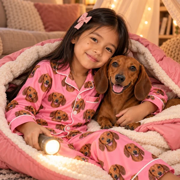 Girl in girls dachshund pajamas with her Dachshund — MyDogPics