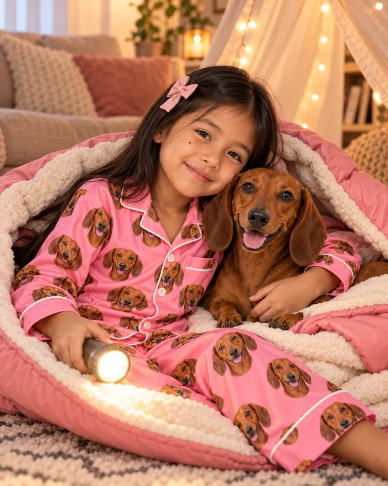Girl in girls dachshund pajamas with her Dachshund — MyDogPics