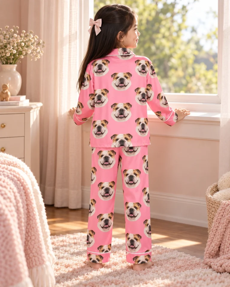 Back view of girls english bulldog pajamas: the print continues all the way round — MyDogPics