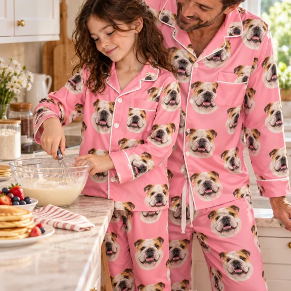 Girl and her dad in matching girls english bulldog pajamas with white-and-fawn English Bulldog faces — MyDogPics