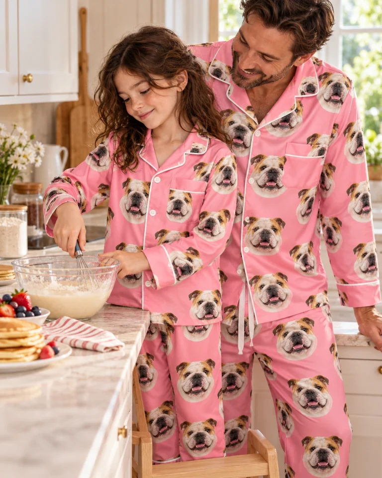 Girl and her dad in matching girls english bulldog pajamas with white-and-fawn English Bulldog faces — MyDogPics