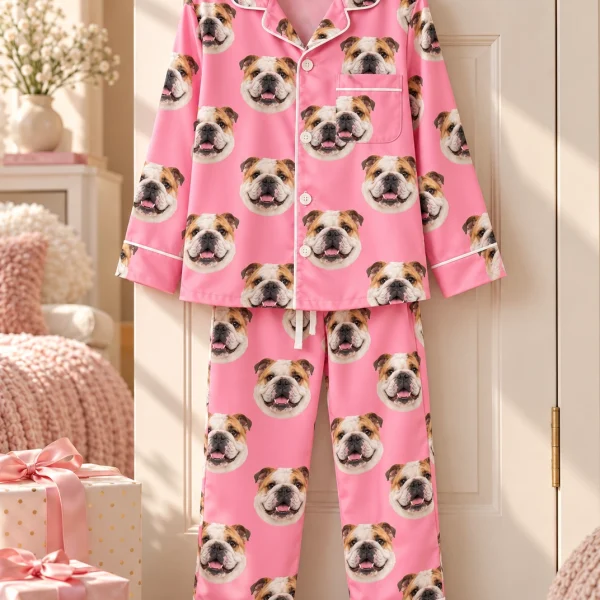 Girls english bulldog pajamas shirt and pants hanging up, covered in white-and-fawn English Bulldog faces — MyDogPics