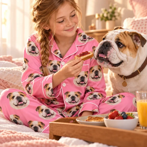 Girl in girls english bulldog pajamas with her Bulldog — MyDogPics