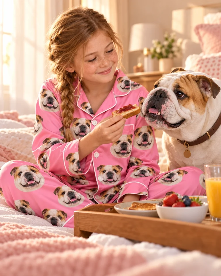 Girl in girls english bulldog pajamas with her Bulldog — MyDogPics