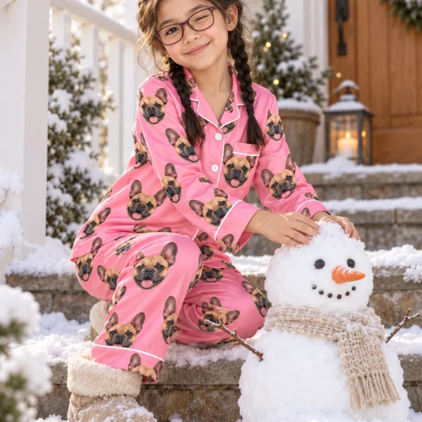 Girl posing in girls French bulldog pajamas, fawn French Bulldog faces on pink satin — MyDogPics