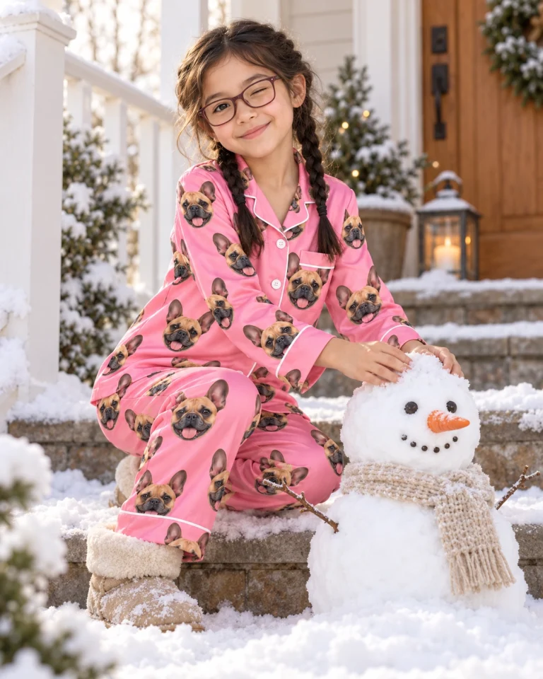 Girl posing in girls French bulldog pajamas, fawn French Bulldog faces on pink satin — MyDogPics