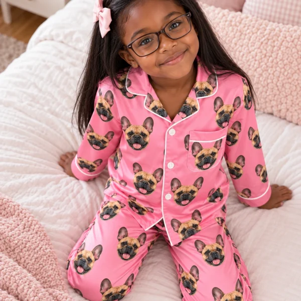 Girl sitting in girls French bulldog pajamas covered in fawn French Bulldog faces — MyDogPics