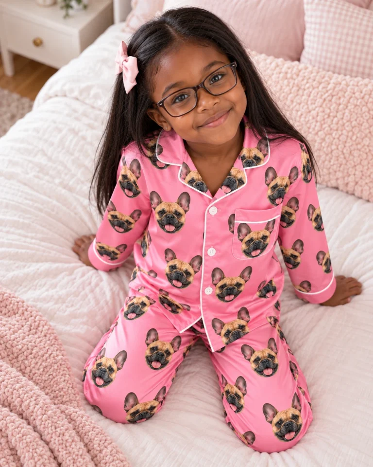 Girl sitting in girls French bulldog pajamas covered in fawn French Bulldog faces — MyDogPics