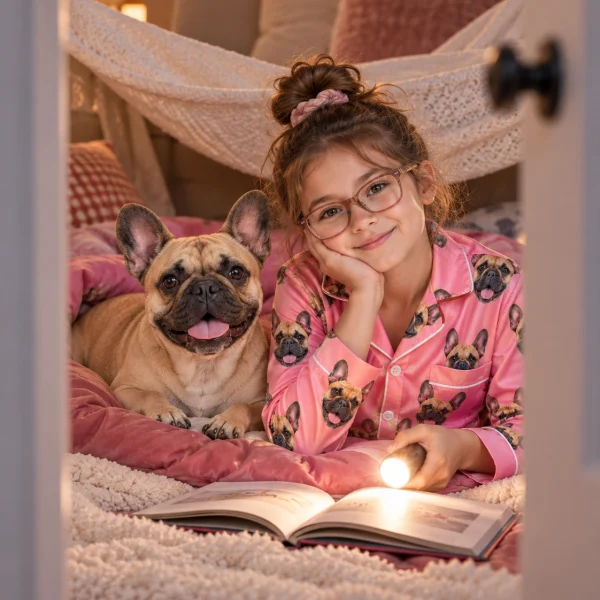 Girl in girls French bulldog pajamas with her French Bulldog — MyDogPics