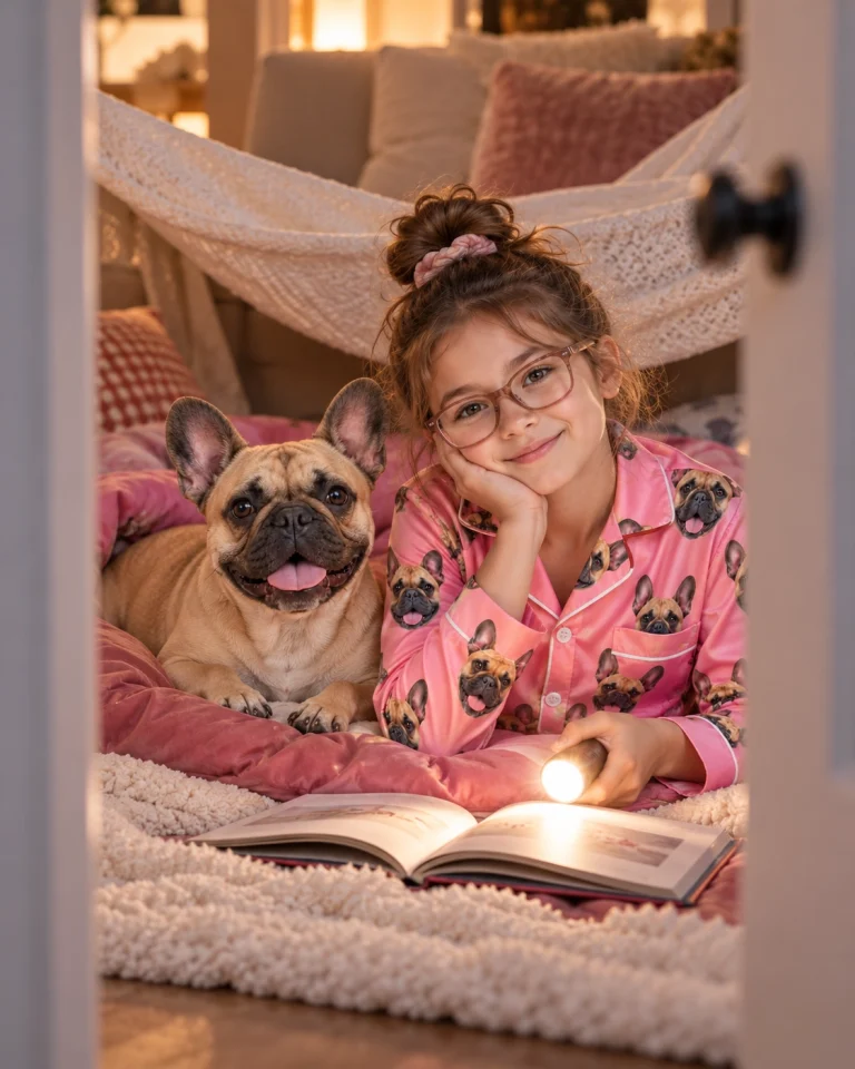 Girl in girls French bulldog pajamas with her French Bulldog — MyDogPics