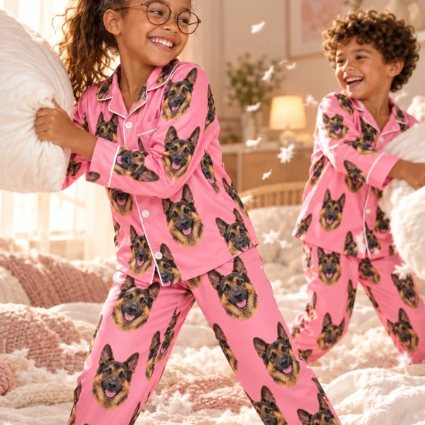 Girl and her family in matching girls German shepherd pajamas with black-and-tan German Shepherd faces — MyDogPics