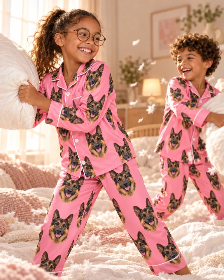 Girl and her family in matching girls German shepherd pajamas with black-and-tan German Shepherd faces — MyDogPics