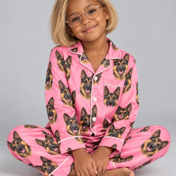 Girl wearing girls German shepherd pajamas covered in black-and-tan German Shepherd faces on pink satin — MyDogPics