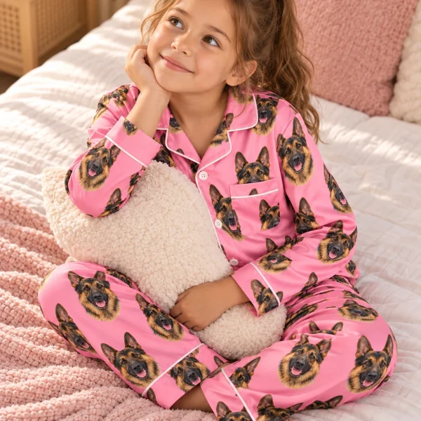 Girl sitting in girls German shepherd pajamas covered in black-and-tan German Shepherd faces — MyDogPics