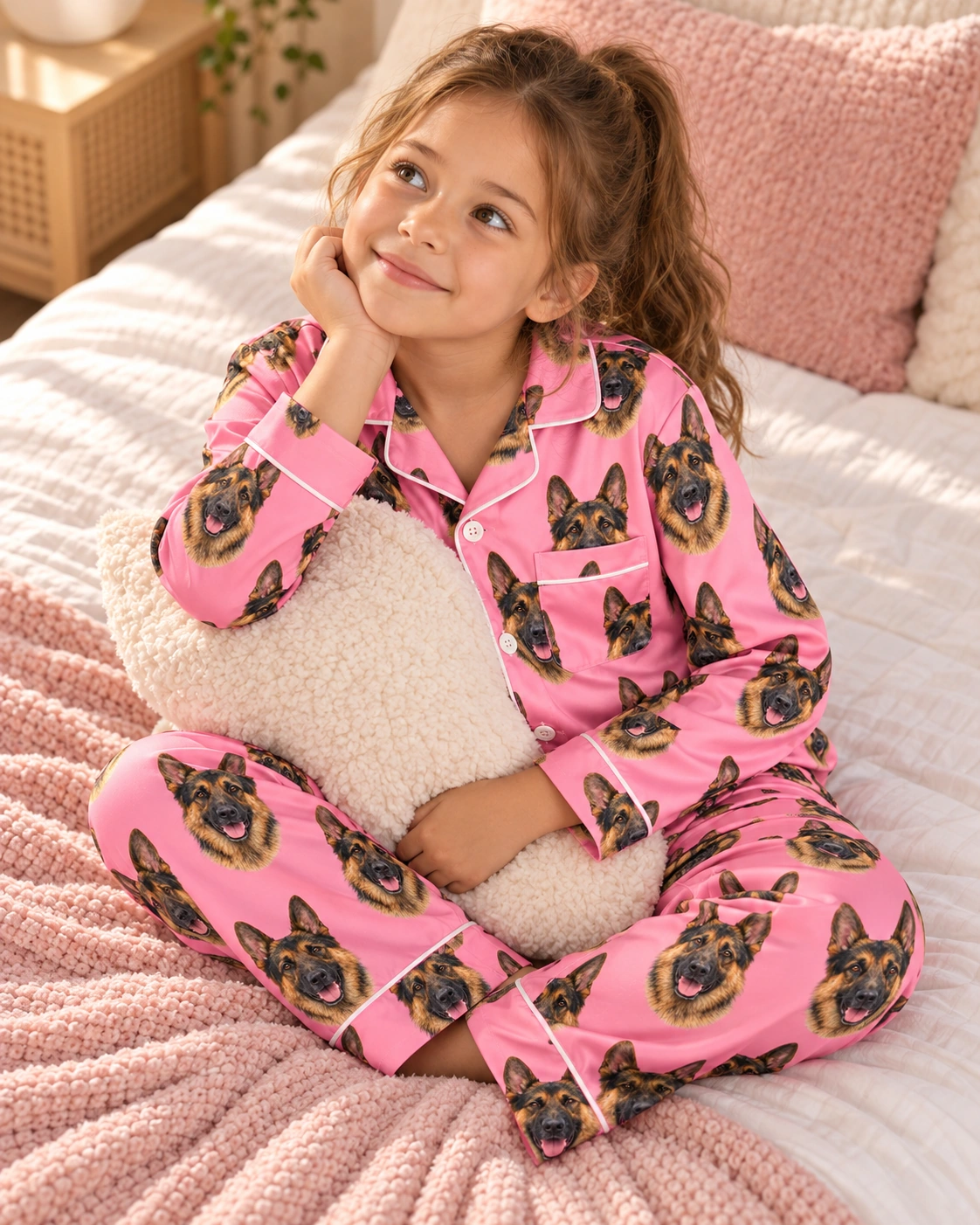 Girls German Shepherd Pajamas – Sitting, Pink | MyDogPics Girl sitting in girls German shepherd pajamas covered in black-and-tan German Shepherd faces — MyDogPics