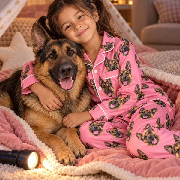 Girl in girls German shepherd pajamas with her German Shepherd — MyDogPics