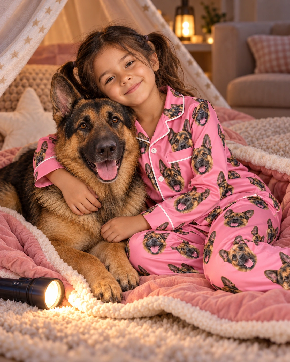 Girls German Shepherd Pajamas – With Dog, Pink | MyDogPics Girl in girls German shepherd pajamas with her German Shepherd — MyDogPics