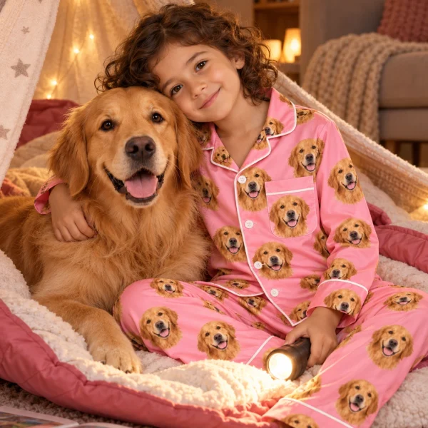 Girl in girls golden retriever pajamas cuddling her Golden Retriever — MyDogPics