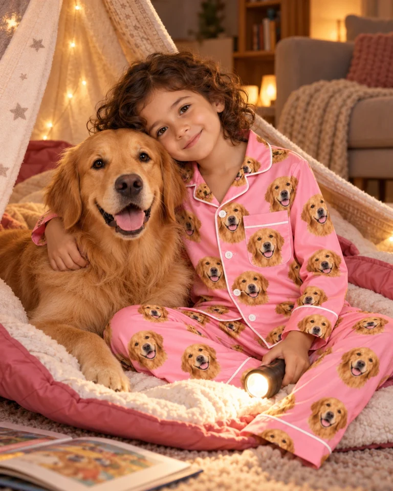Girl in girls golden retriever pajamas cuddling her Golden Retriever — MyDogPics