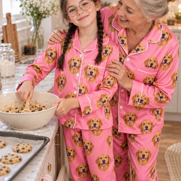 Girl and grandma in matching girls golden retriever pajamas with golden Golden Retriever faces on pink satin — MyDogPics