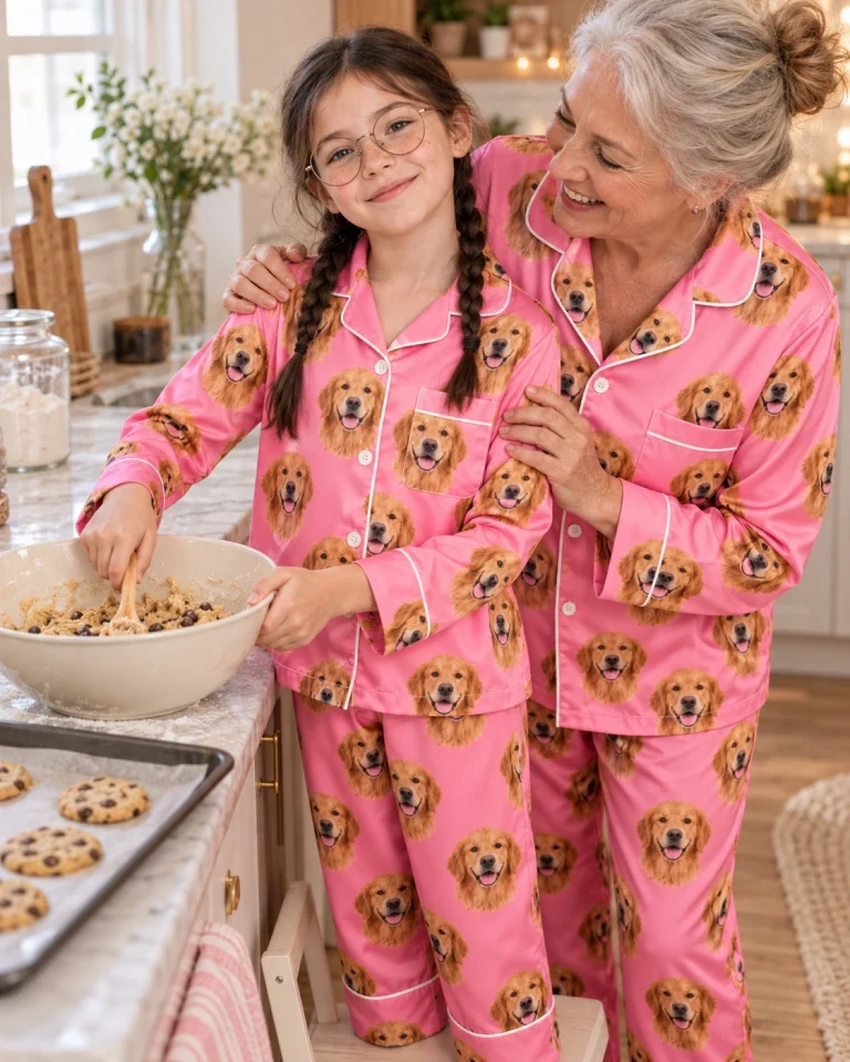 Girl and grandma in matching girls golden retriever pajamas with golden Golden Retriever faces on pink satin — MyDogPics