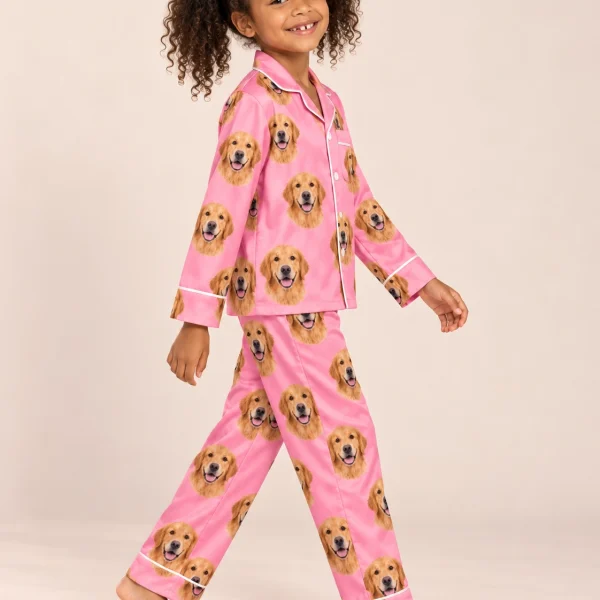 Girl posing in girls golden retriever pajamas, golden Golden Retriever faces on pink satin — MyDogPics