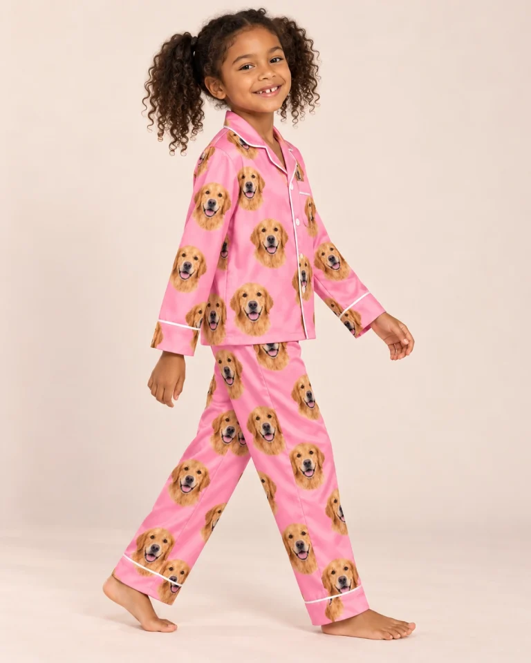 Girl posing in girls golden retriever pajamas, golden Golden Retriever faces on pink satin — MyDogPics