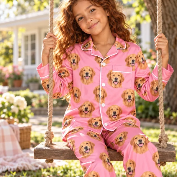Girl sitting in girls golden retriever pajamas covered in golden Golden Retriever faces — MyDogPics