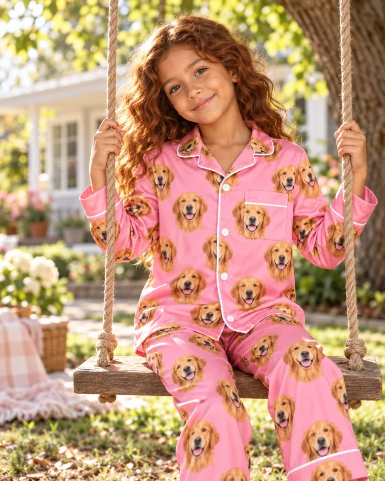 Girl sitting in girls golden retriever pajamas covered in golden Golden Retriever faces — MyDogPics