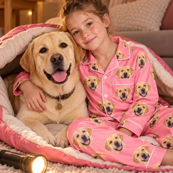 Girl in girls labrador pajamas cuddling her Labrador Retriever — MyDogPics